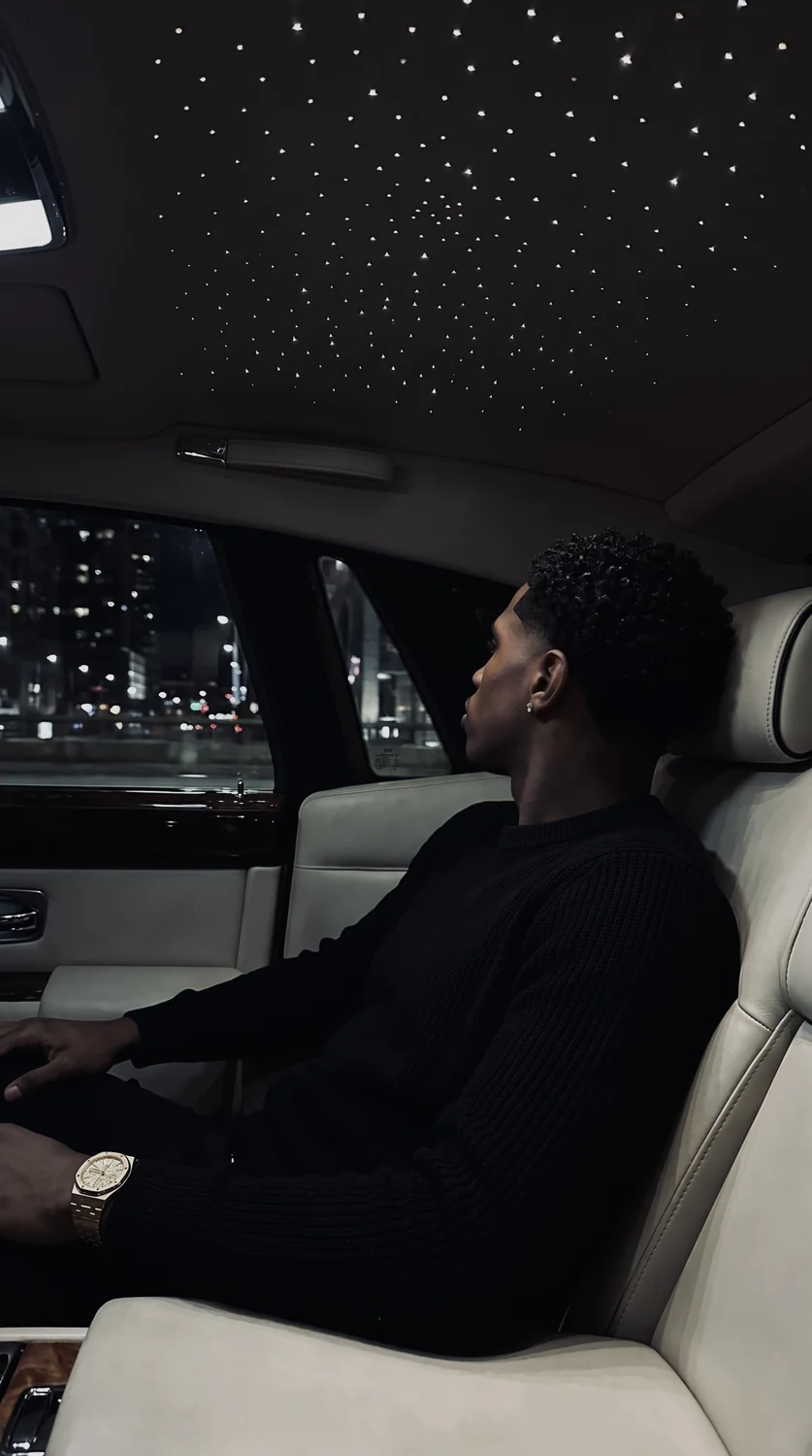 Roman Royce seated in a car beneath a starlit ceiling
